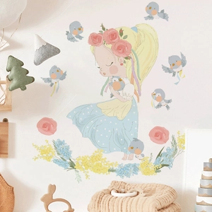 Watercolor fairy girl wall sticker with birds and pink flowers for kids bedroom decor