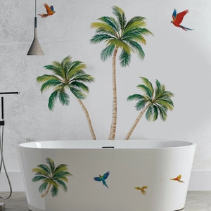 Tropical wall stickers with coconut trees and parrots for bathroom and balcony decoration
