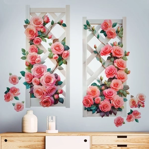 3D pink rose wall decal with white diamond trellis for modern home interior decoration