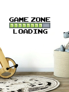 Detail of GAME ZONE LOADING pixel wall decal with green loading bar on a white wall