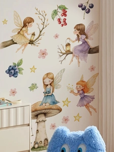 Detail of whimsical mushroom fairy wall decals in a watercolor style for kids nursery