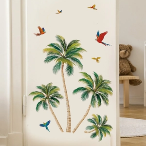 Tropical coconut palm trees and flying parrots wall stickers for home decoration