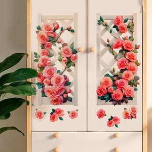3D rose flower wall sticker with pink roses and trellis for home and furniture decor