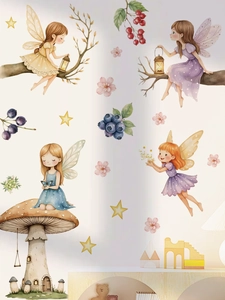 Detailed view of watercolor fairy and mushroom house wall stickers for kids' rooms