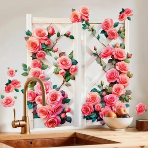 3D pink rose wall decal with white lattice fence for romantic home interior decoration