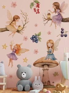 Detailed watercolor fairy and mushroom wall decals on a soft pink nursery room wall