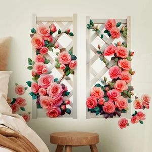 3D window wall stickers with pink climbing roses on white wood lattice for home decor