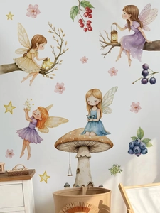 Detail showing watercolor mushroom fairy wall stickers with flowers and berries decoration