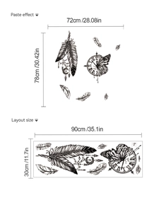 Detail view showing black feather wall sticker dimensions and DIY layout for living room