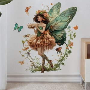Sticker mural fée avec ailes de papillon vertes et fleurs pour chambre d'enfant