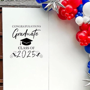 Class of 2025 graduation party decoration with balloon arch and personalized backdrop sticker