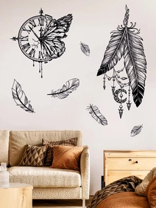 Detail of wall decal showing roman numeral clock with feathers and dreamcatcher design