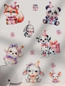 Detail of cute cartoon animal wall stickers featuring a fox and panda in a nursery room