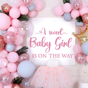 Baby shower party decoration set with pink blue balloons and a sweet baby girl backdrop