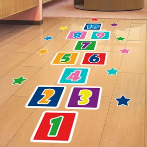 Colorful hopscotch floor stickers with numbers 1-10 and stars for kids room decor