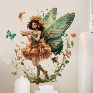 Sticker mural fée avec ailes de papillon et fleurs pour déco chambre de fille