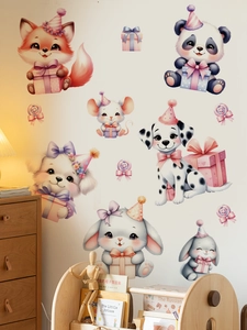 Nursery wall stickers featuring cute fox, panda and puppy with gifts in pastel colors