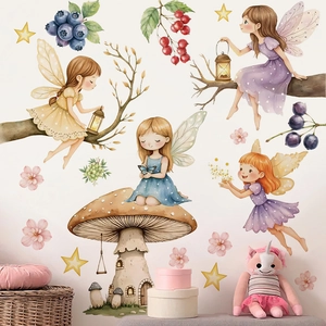 Watercolor Mushroom Fairy Elves Wall Stickers PVC Self Adhesive House Stars Berries Kids Room Decor Waterproof Wall Decals