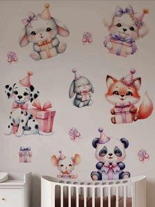 Detail of watercolor cartoon animal wall stickers including a panda and puppy on a wall