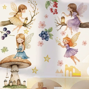 Cartoon mushroom house and fairy wall stickers set for children's bedroom wall decor
