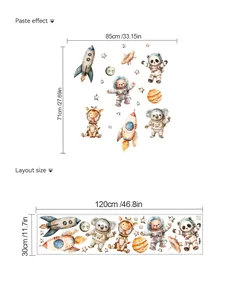 Size chart for space animals wall decals showing layout and finished 85x71cm display