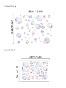 Detail showing layout and paste dimensions for watercolor jellyfish and shell wall decals