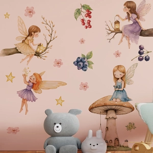 Cartoon mushroom fairy wall stickers for children rooms with watercolor stars and berries