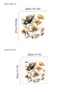 Detailed dimensions of yellow floral PVC wall stickers for living room and bathroom decor