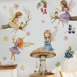 Cartoon fairy mushroom wall stickers for kids room decor with watercolor forest illustrations