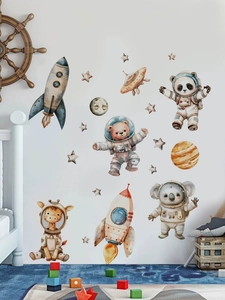 Detail of space-themed wall stickers featuring cute animal astronauts and colorful planets