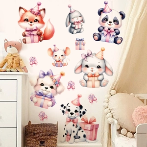 Cartoon Animal Wall Stickers Panda Fox Rabbit Puppy PVC Decals For Kids Room Nursery Home Decor Birthday Party Style