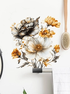 Detailed view of vintage hand-painted floral wall stickers in a modern bathroom setting