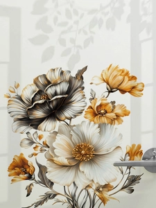 Detail of floral PVC door sticker with gold outline and vintage watercolor sketch style