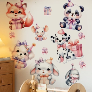 Cute cartoon animal wall stickers featuring fox panda and puppy for kids room decor