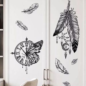 Minimalist black feather clock wall stickers for bedroom and living room decoration