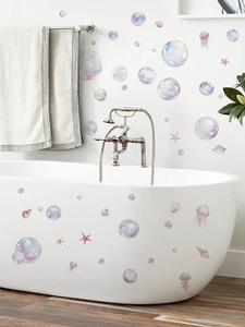 Detail showing colorful bubbles, jellyfish and shells wall stickers on bathroom surface