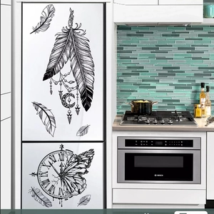 Black feather and clock wall decals for minimalist home decor on white refrigerator