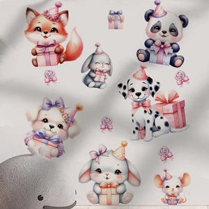 Cartoon animal wall decals featuring panda and fox with party hats for nursery decor