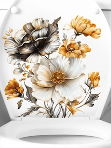 Close-up of elegant floral PVC toilet lid decal with gold and white peony patterns