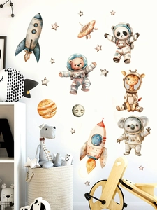 Space-themed wall decals with cute animals in rockets and planets for kids room