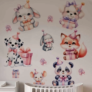 Cartoon animal wall stickers set featuring panda, dog and rabbit for kids room decor