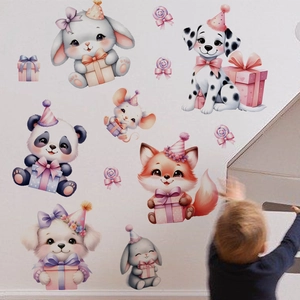 Cartoon panda and puppy wall decals for nursery room decoration in pastel colors