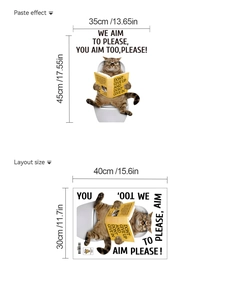 Funny cat reading on toilet sticker with text showing application and layout dimensions