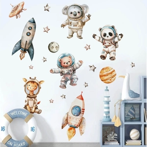 Watercolor Cartoon Space Astronaut Animals Wall Sticker For Kids Room Bedroom Nursery Rocket Planet DIY Mural Decal