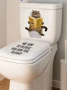 Funny cat reading book on toilet sticker with motivational text for bathroom decor
