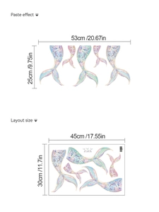 Iridescent mermaid tail wall decals showing application layout and exact sheet dimensions