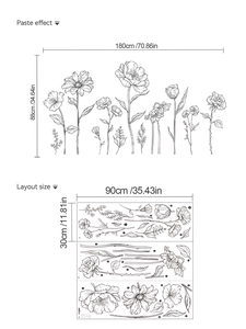 Detail showing 180x88cm layout and dimensions of black line floral wall stickers