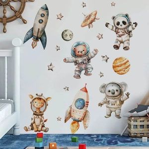Space-themed wall stickers featuring cute watercolor animals and rockets for kids' bedrooms