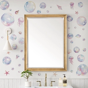 Ocean Theme Watercolor Wall Stickers Colorful Bubbles Jellyfish Shells Starfish Waterproof PVC Decals For Kids Room Bathroom