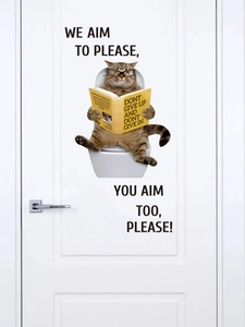 Funny tabby cat reading on toilet sticker with humorous text for bathroom decor